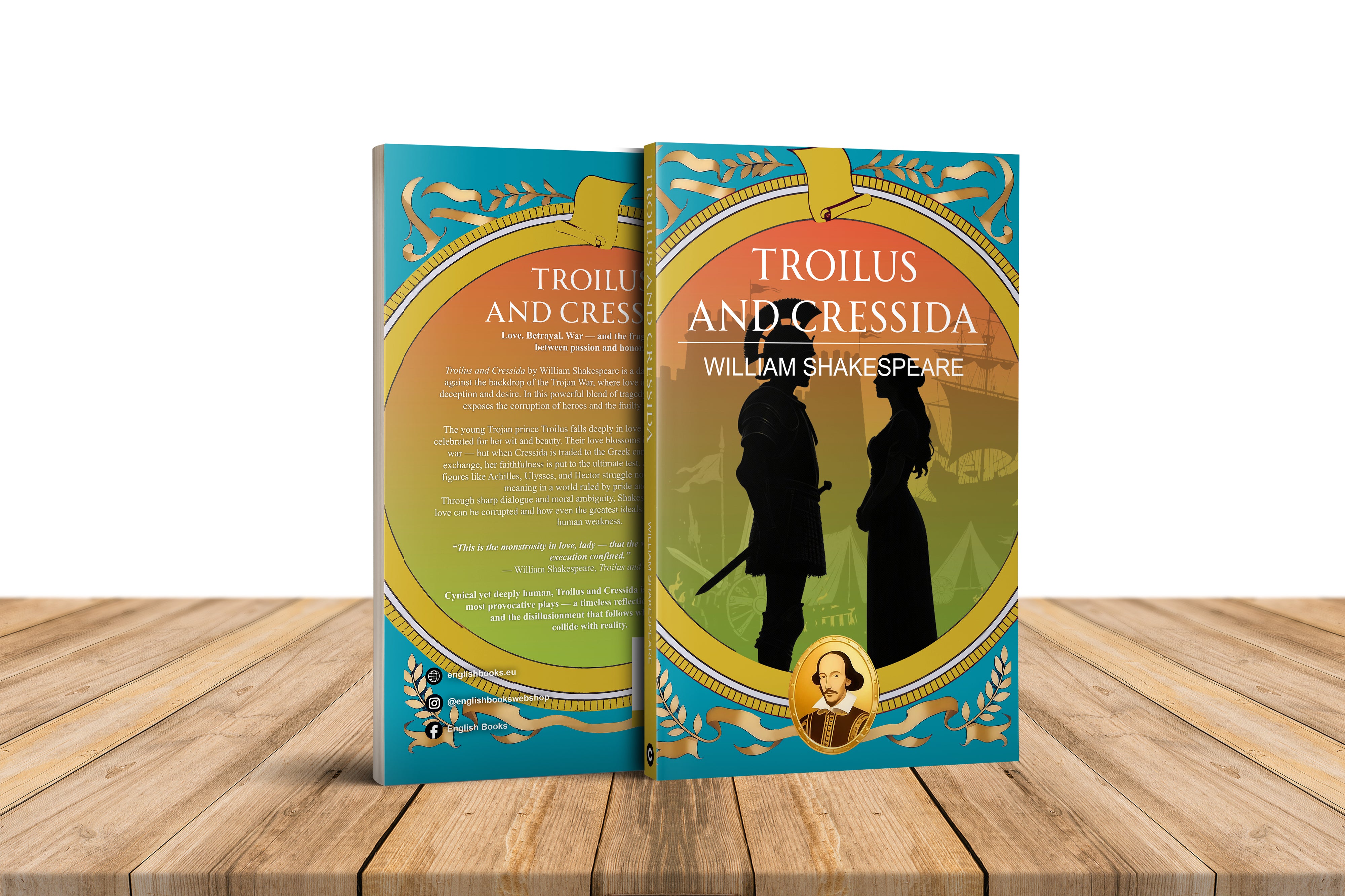 Book titled 'Troilus and Cressida' by William Shakespeare on a wooden surface