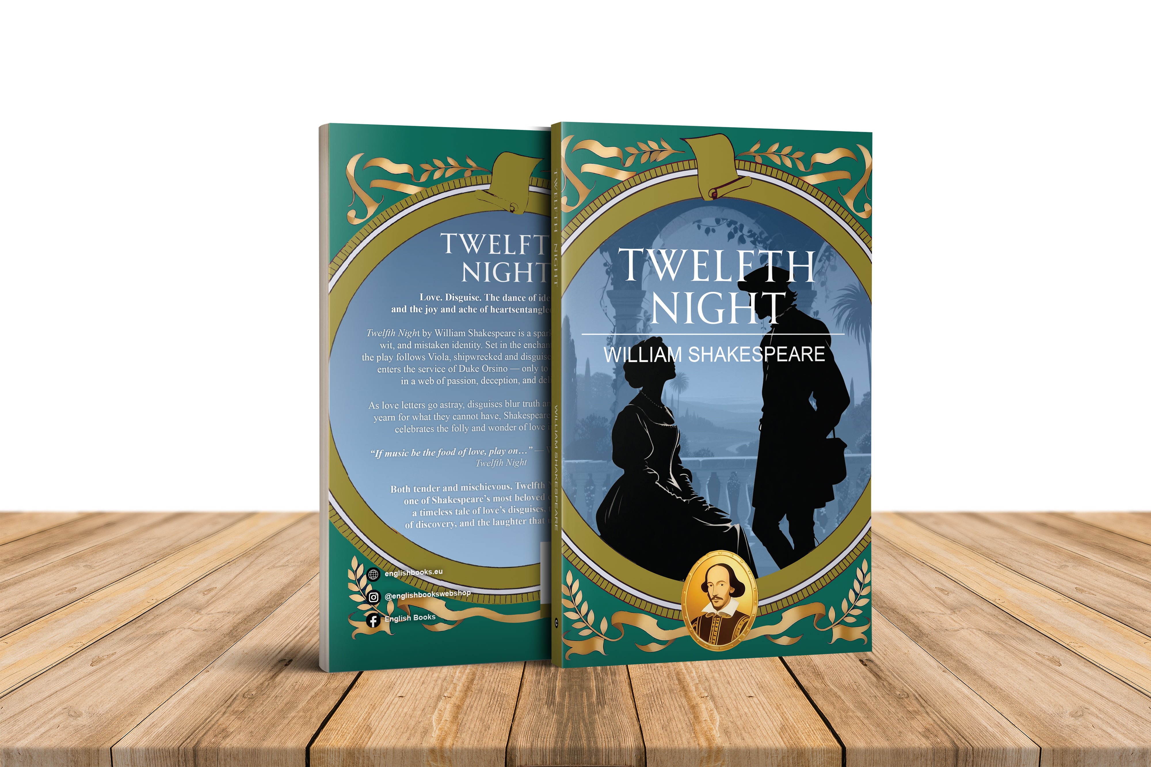 Book titled 'Twelfth Night' by William Shakespeare on a wooden surface