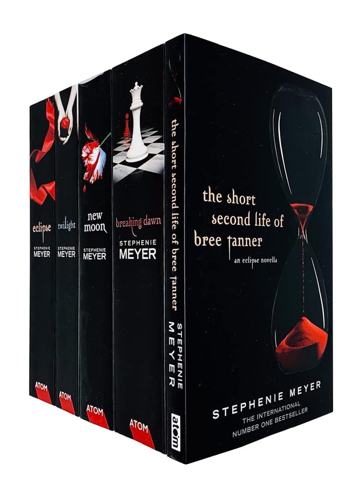 Collection of Stephenie Meyer books including 'Eclipse', 'New Moon', and 'Breaking Dawn' on a black background.