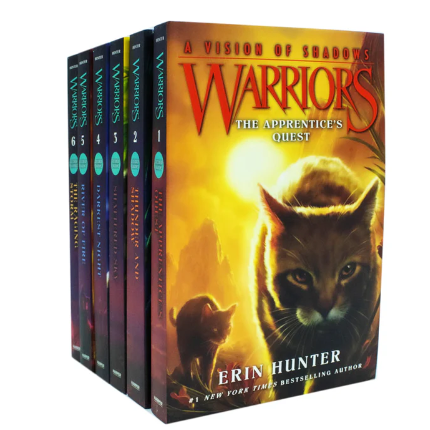 Set of 'Warriors' book boxes with a prominent cover featuring a cat and the title.
