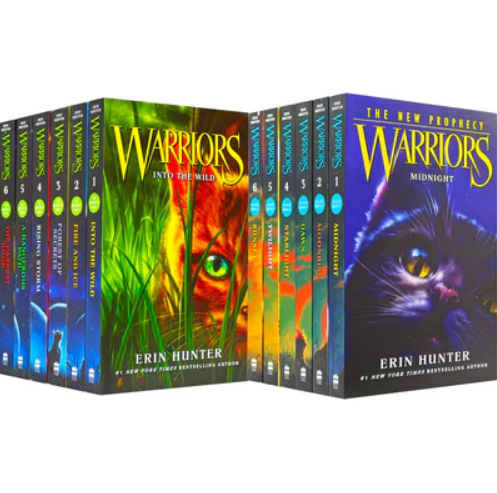 Collection of 'Warriors' books by Erin Hunter on a white background