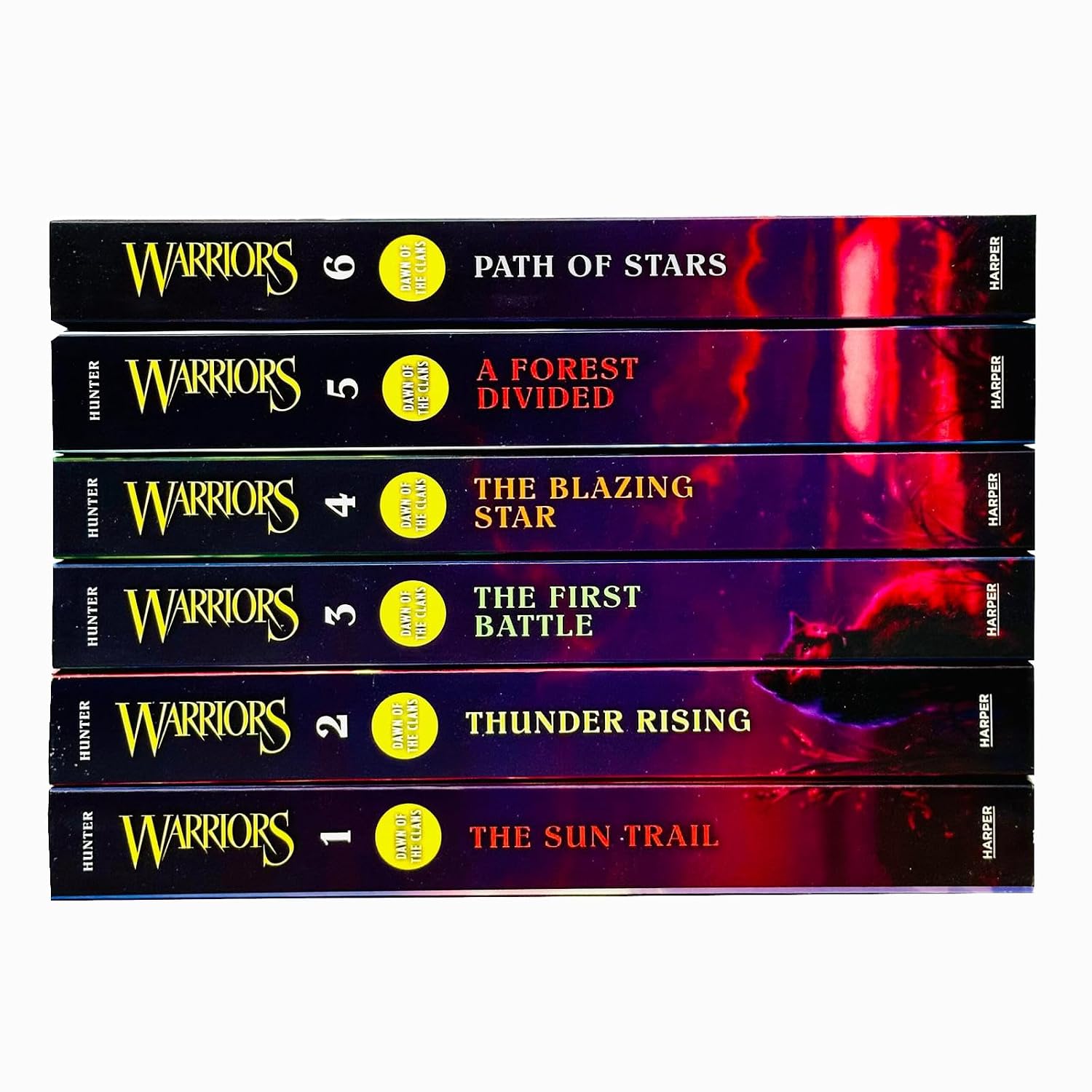 A set of six Warrior Series books by Harper's Warriors, stacked vertically on a white background. The books show their black spines with yellow and red cover art.