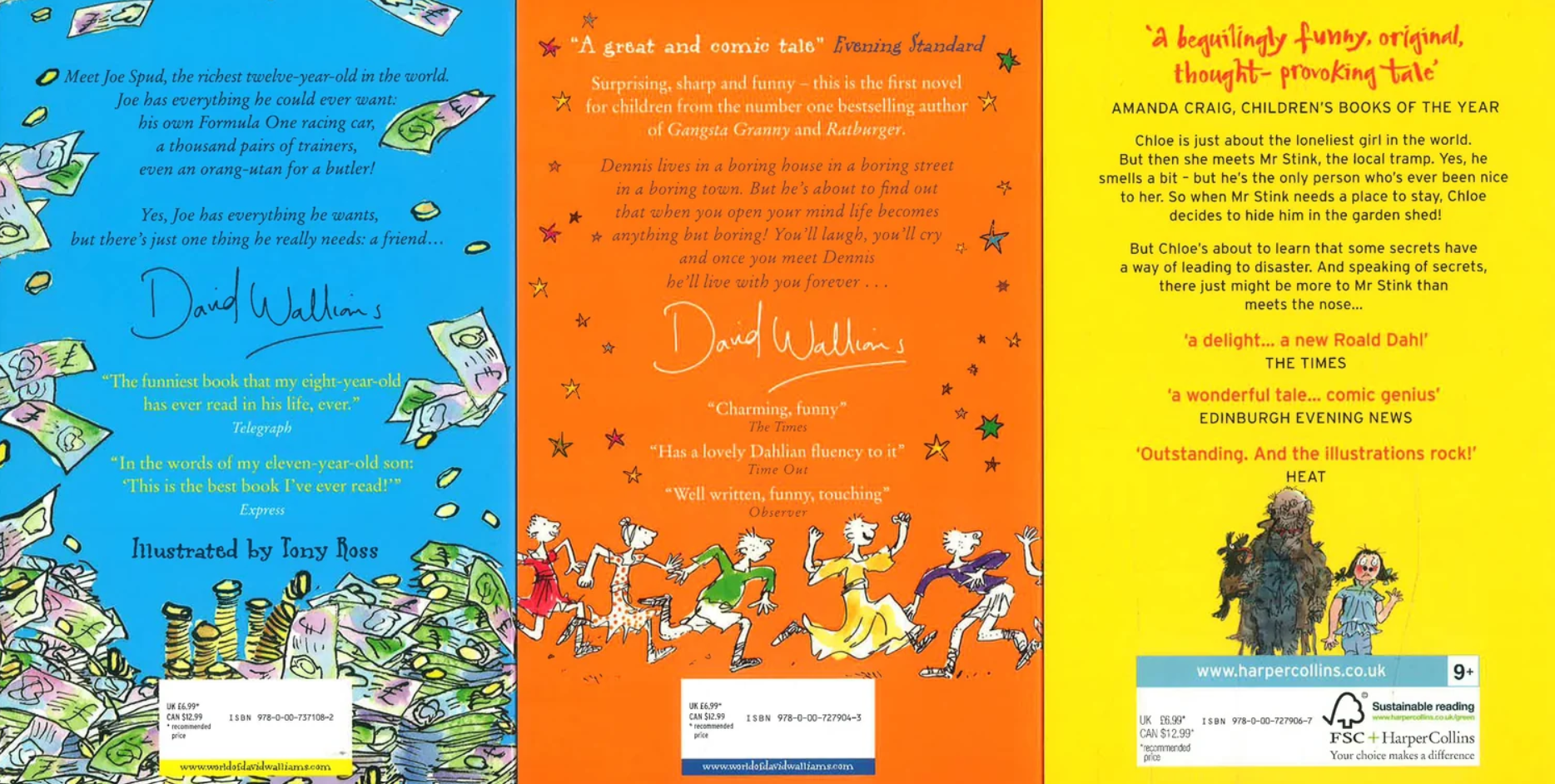 The three illustrated book covers of David Walliams' children's book 'A Great and Ceremonial Tale' are displayed side-by-side against a white background. The left cover is blue with white text and illustrations of characters in a castle; the middle cover is orange with white text and a parade scene; the right cover is yellow with white text and a cartoon character.