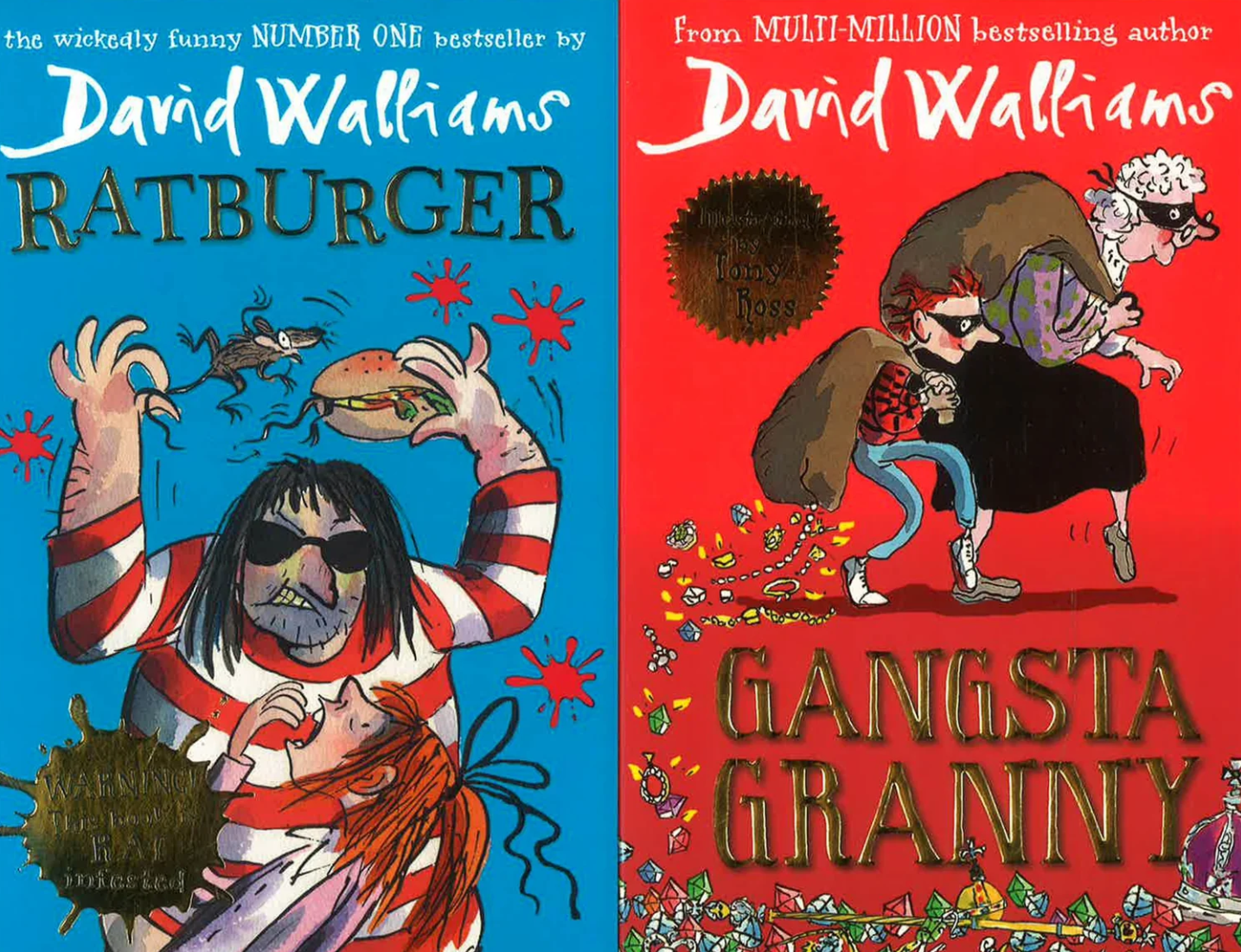A side-by-side comparison of two illustrated book covers by David Walliams: 'Ratburger' on the left with a bright blue background and a rat-like character holding a burger, and 'Gangsta Granny' on the right with a bright red background and a woman carrying a large bag.