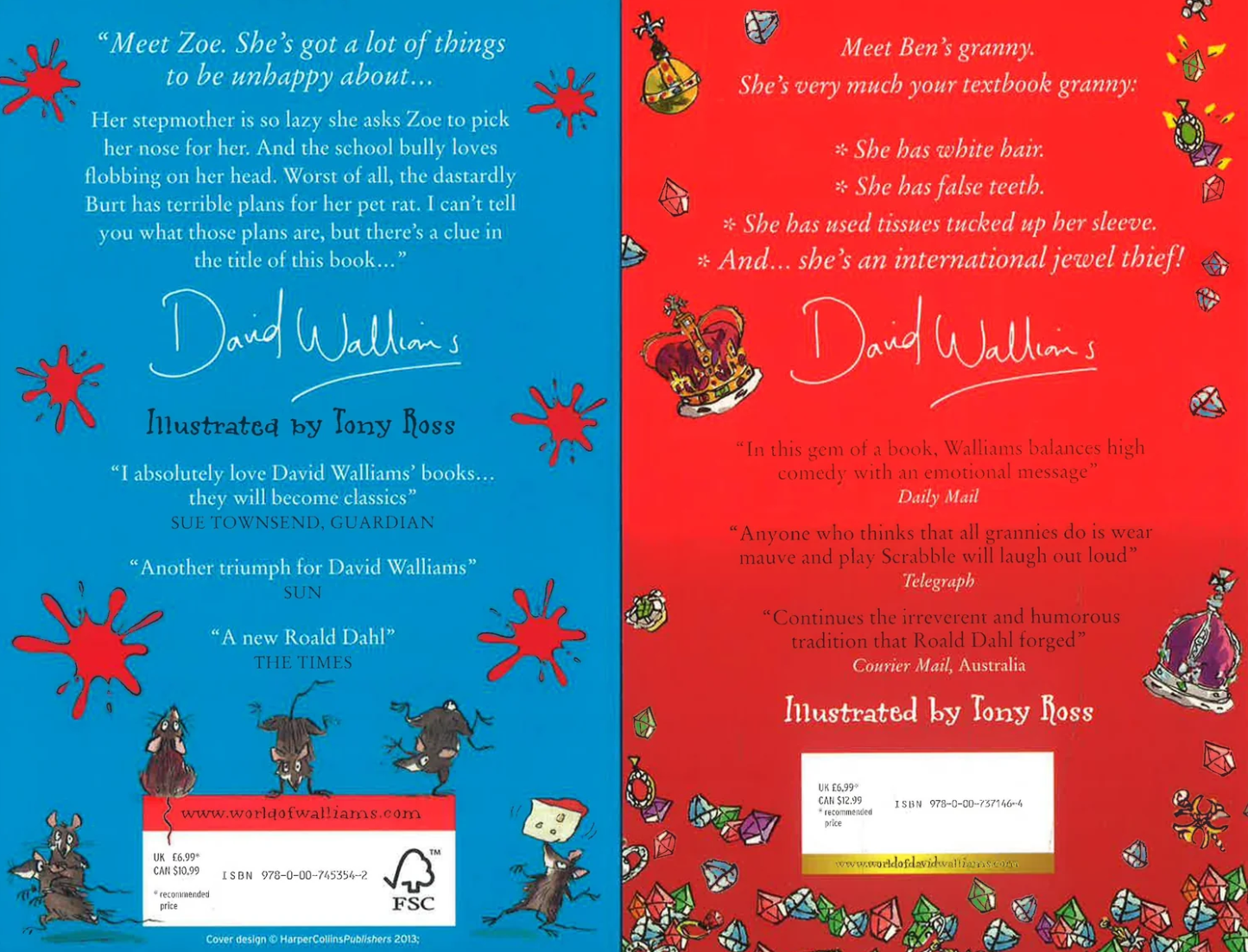 Two book covers side by side for 'Meet Zoe' by David Walliams, illustrated by Tony Ross. The left cover is blue with white text and cartoon characters, and the right cover is red with black text and cartoon characters.