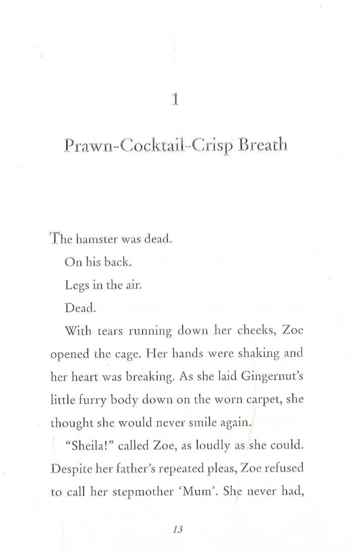 A single printed page with black serif text on a white background, titled 'Prawn-Cocktail-Crisp Breath' and containing a narrative paragraph about a dead hamster and a woman named Zoe.