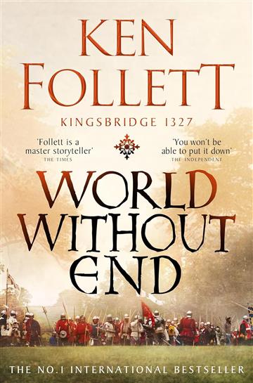The cover of 'World Without End' by Ken Follett, featuring a historical fiction novel set in a town with a backdrop of a large, dramatic sky.
