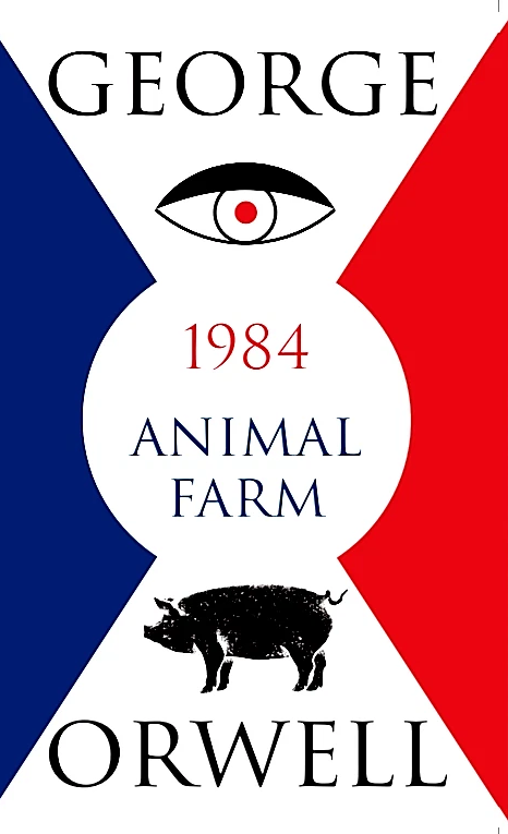 Book cover of '1984' and 'Animal Farm' by George Orwell with a stylized eye and pig illustration.