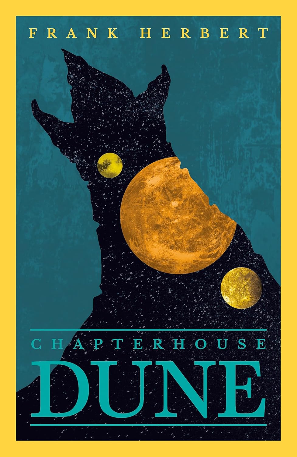 Book cover of 'Chapterhouse: Dune' by Frank Herbert featuring a silhouette of a dog with a background of a crescent moon and stars against a blue backdrop.