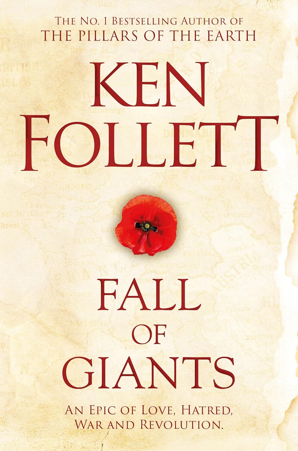Book cover of 'Fall of Giants' by Ken Follett with a red poppy on a beige background.