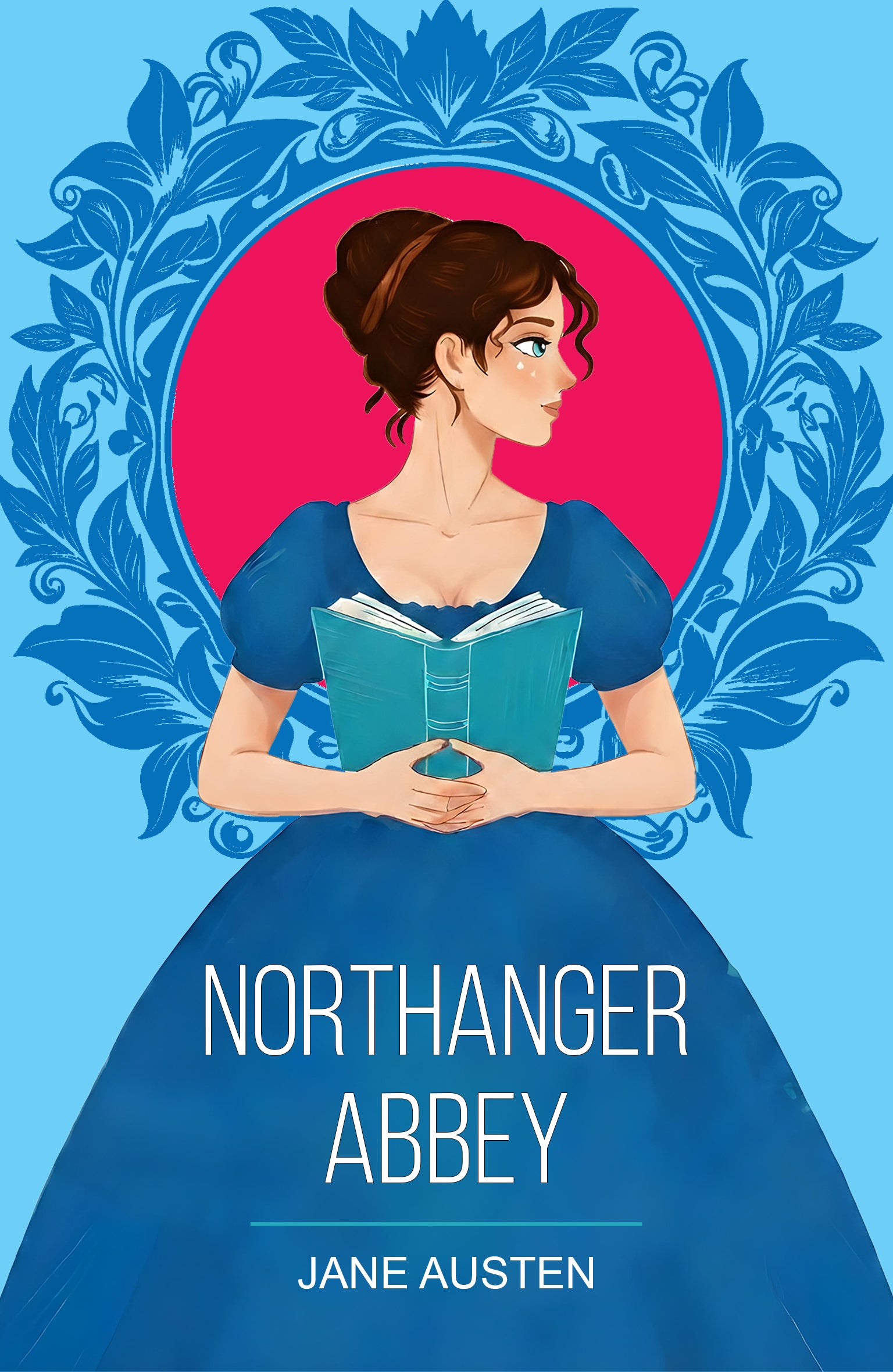 Book cover of 'Northanger Abbey' by Jane Austen featuring a woman in a blue dress holding a book against a blue and pink background.