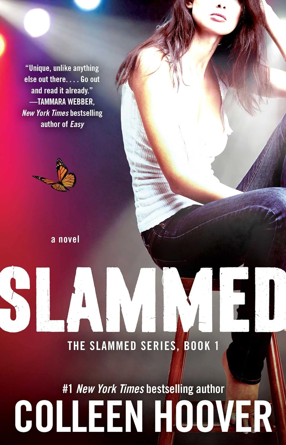 The cover of the novel 'Slammed' by Colleen Hoover features a young woman sitting with a book on her lap, with a butterfly and blurred lights in the background.
