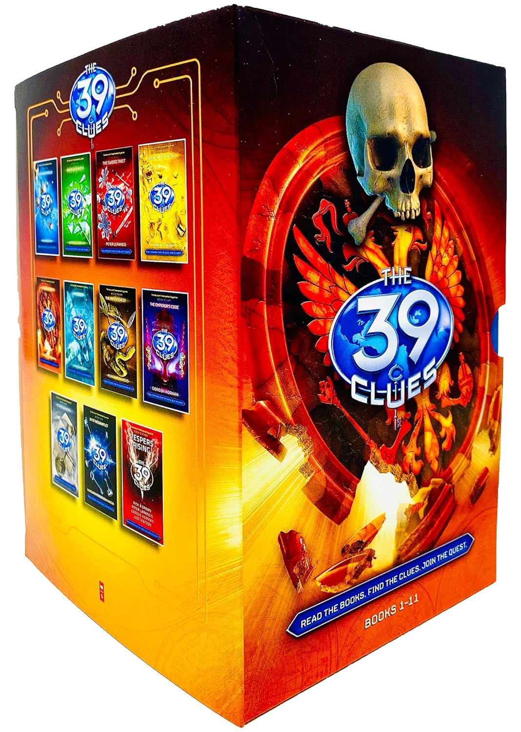 Box of 'The 39 Clues' books with a skull and flame design on a white background