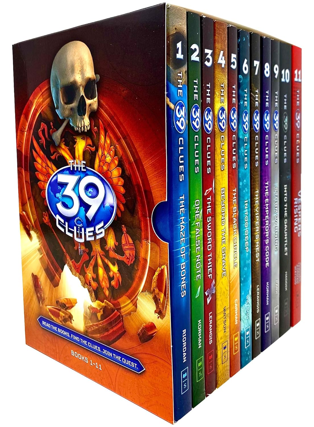 Collection of 'The 39 Clues' books with a prominent cover featuring a skull and flame design.