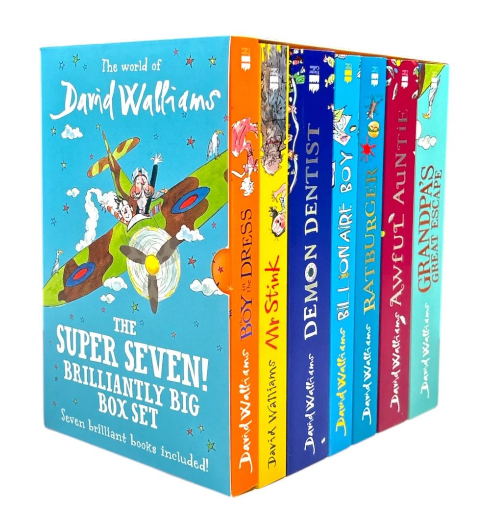 Box set of David Walliams books with colorful covers on a white background
