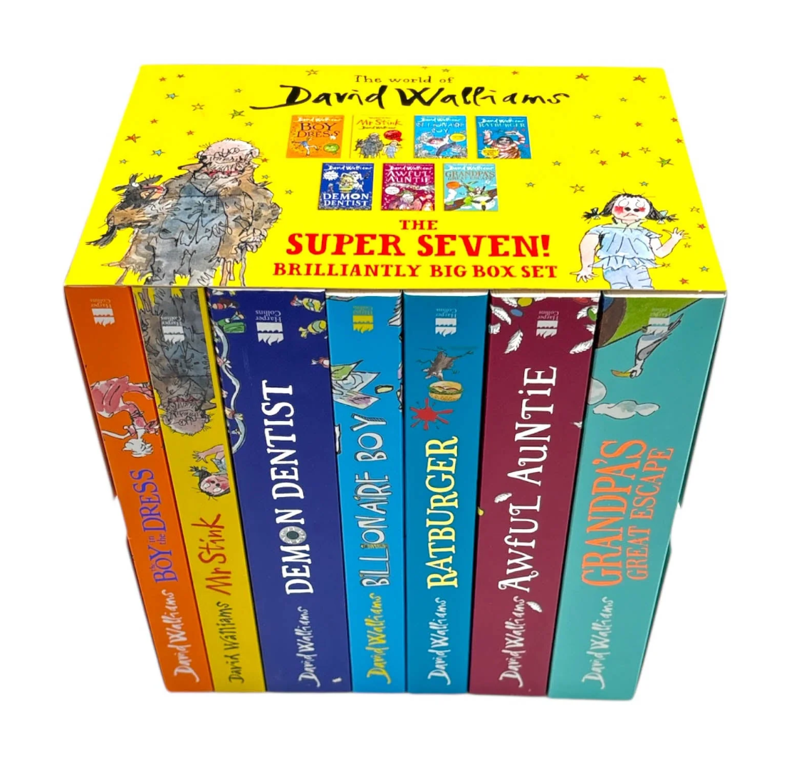 Box set of David Walliams books with colorful covers on a white background