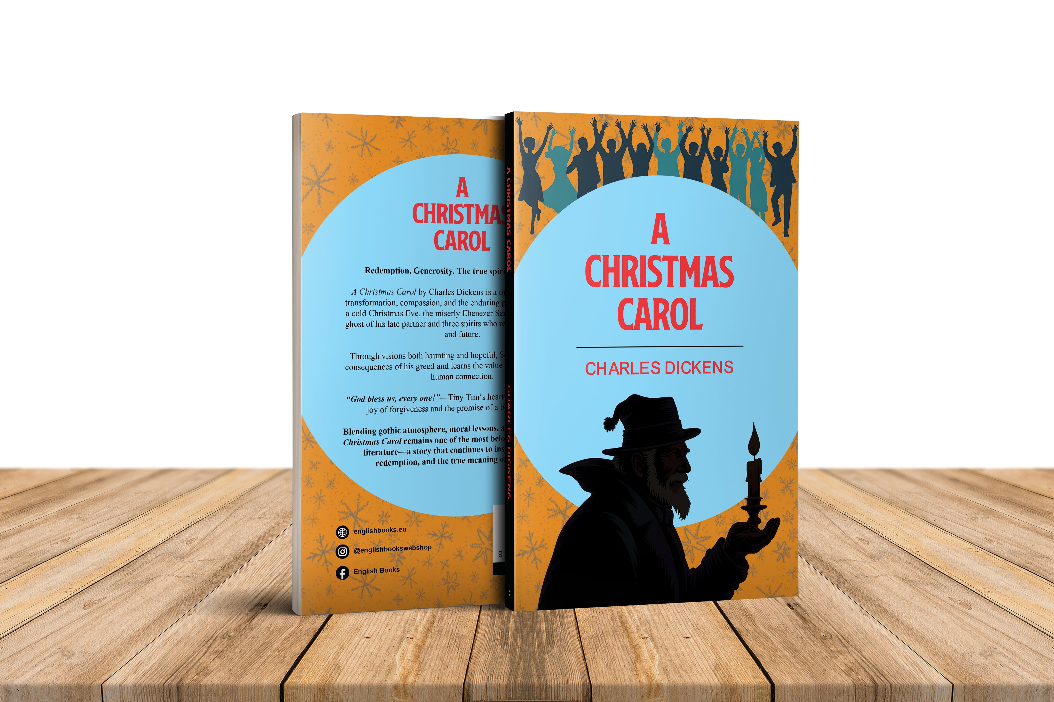 Book cover of 'A Christmas Carol' with silhouette design on a wooden surface