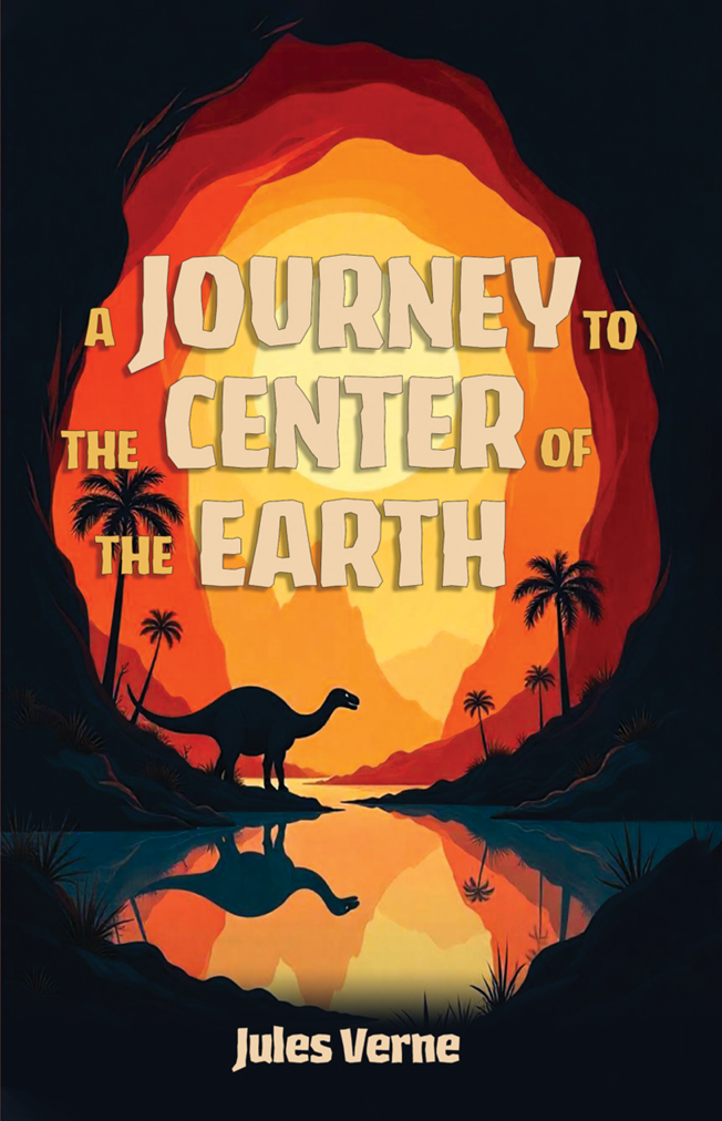 Book cover of 'A Journey to the Center of the Earth' with a dinosaur silhouette and sunset design.