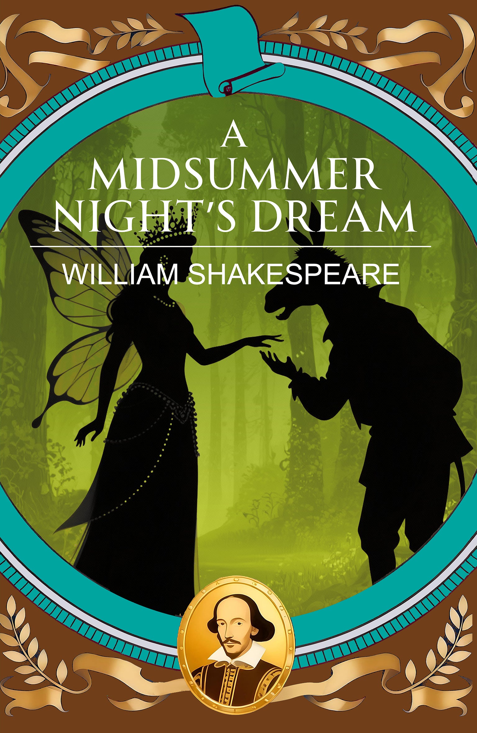 Book cover of 'A Midsummer Night's Dream' by William Shakespeare with a fairy and human figure in a forest.