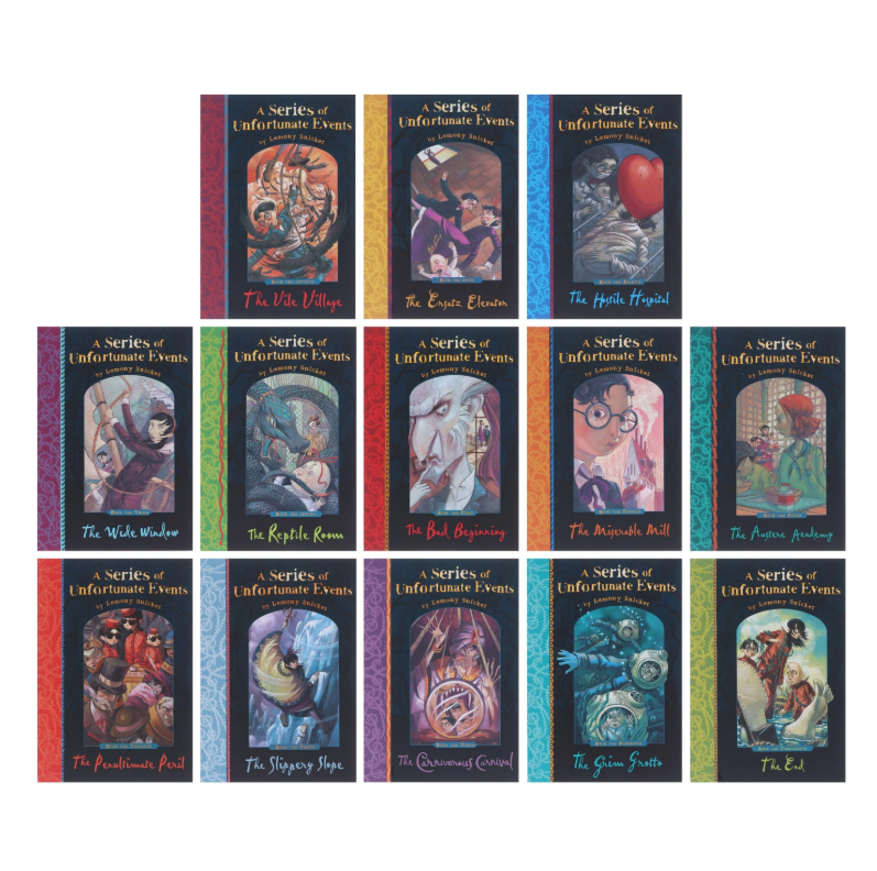 Collection of 'A Series of Unfortunate Events' book covers on a white background
