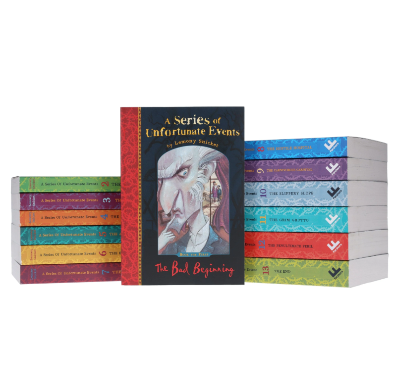 Stacks of books titled 'A Series of Unfortunate Events' on a white background