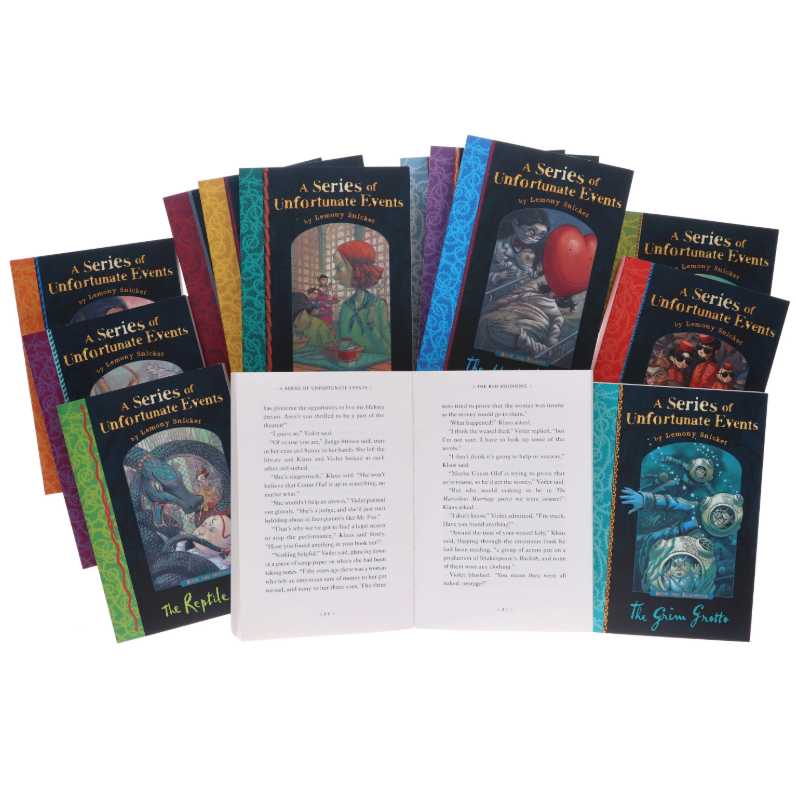Collection of 'A Series of Unfortunate Events' books with a focus on one open book showing text.