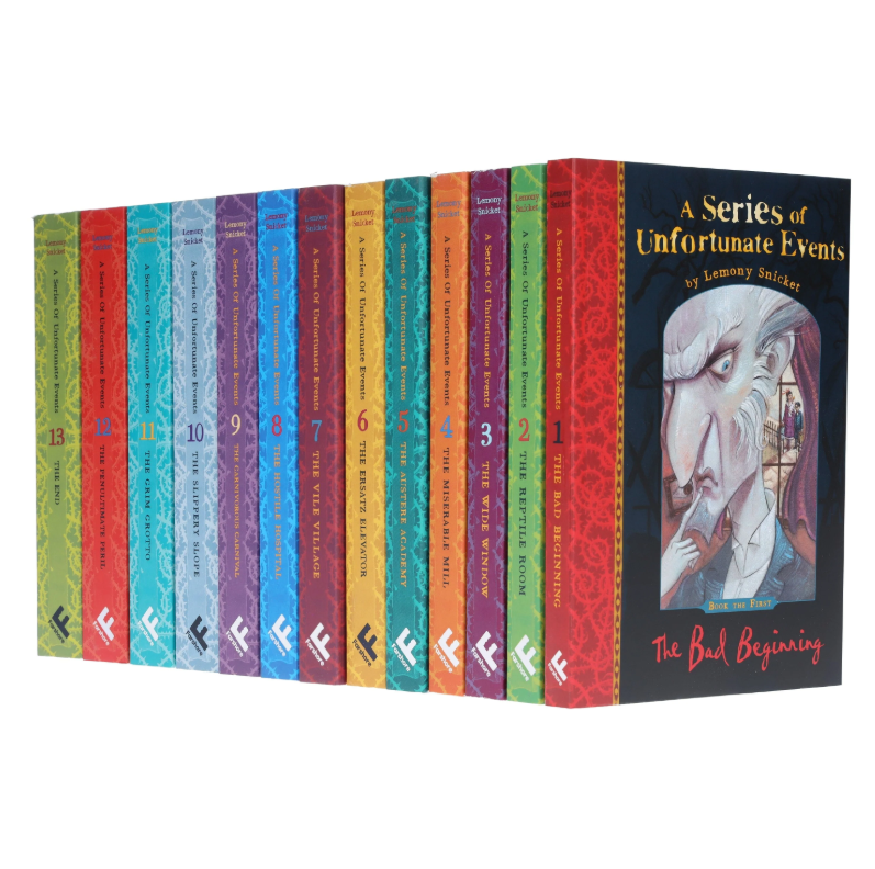 Set of 'A Series of Unfortunate Events' books with colorful spines on a white background