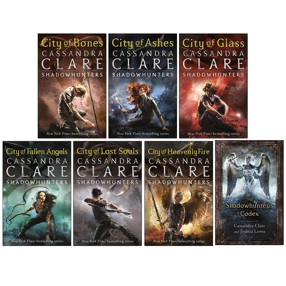 Collection of books from the 'Shadowhunters' series by Cassandra Clare on a white background