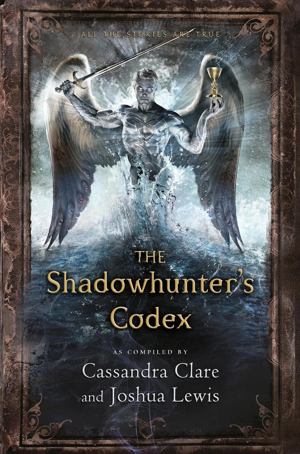 Book cover of 'The Shadowhunter's Codex' with an angelic figure holding a sword and a cup.