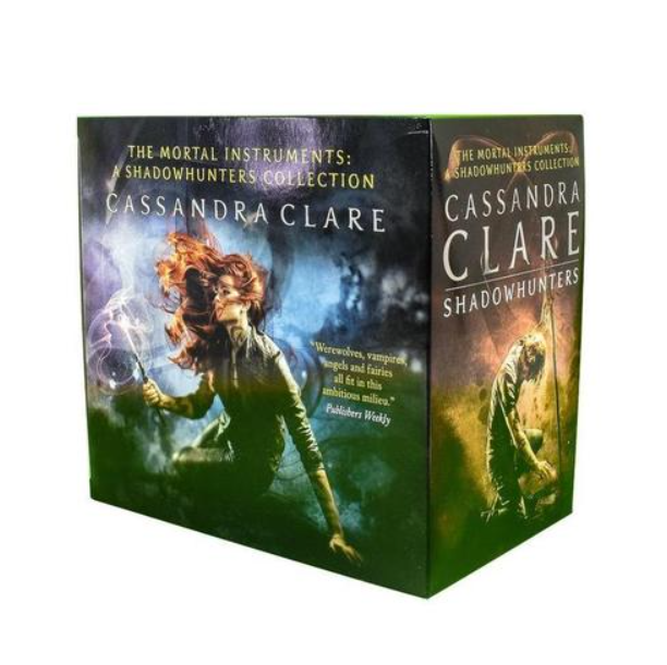 Collection of 'The Mortal Instruments' books by Cassandra Clare on a white background