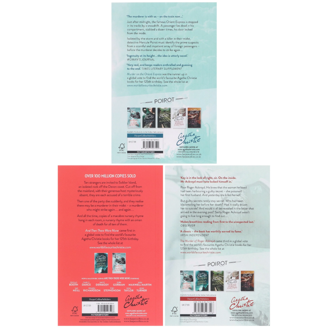 Three book back covers arranged on a white background: a light aqua cover at the top and two coral-pink covers below. Each cover includes title text, author name, publisher mark, barcode, and small cover thumbnails.