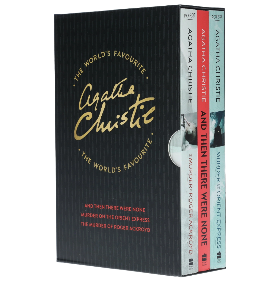 A boxed Agatha Christie book set shown at a slight angle on a white background. The front cover is black with gold script reading 'Agatha Christie' and smaller red text.