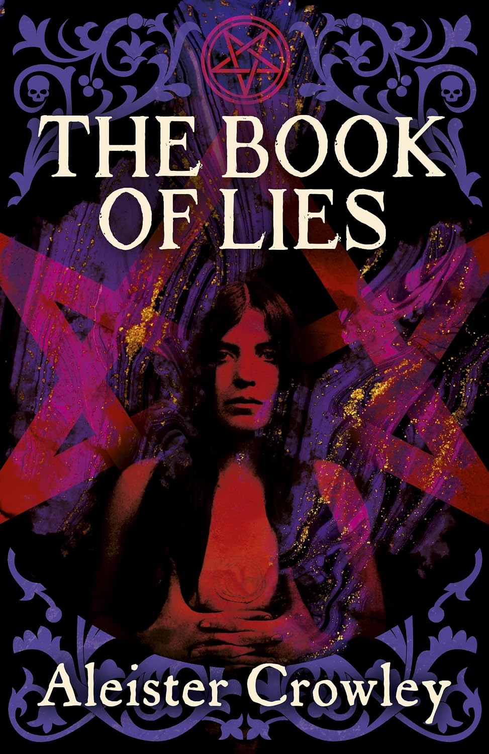 Book cover for 'The Book of Lies' by Aleister Crowley, featuring a dark, occult-themed design with purple ornamental borders, a central portrait of a woman in red and purple tones, and a red pentagram symbol at the top.