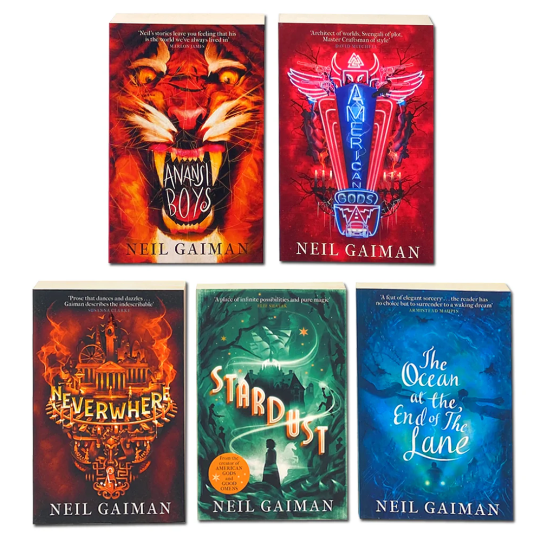 Five book covers by Neil Gaiman on a white background