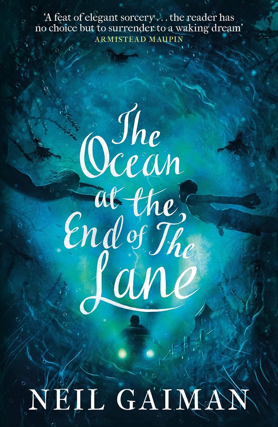 Book cover of 'The Ocean at the End of the Lane' by Neil Gaiman with underwater scene and text.