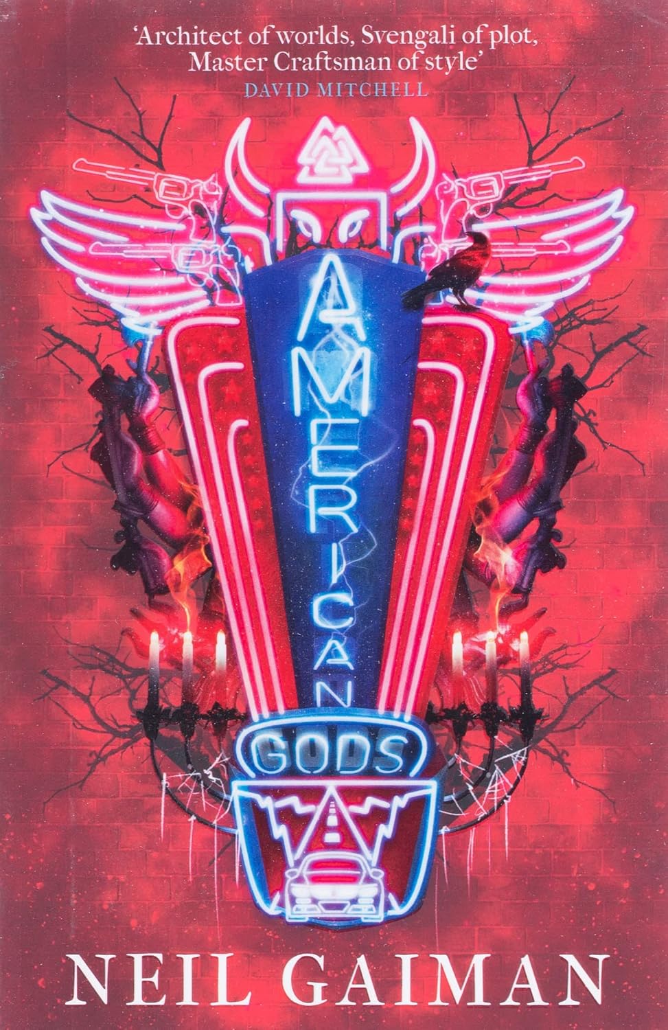 Book cover for 'American Gods' by Neil Gaiman, featuring a red textured background with a central neon-style vertical sign in blue and pink, wings, guns, and the title text 'AMERICAN GODS'.