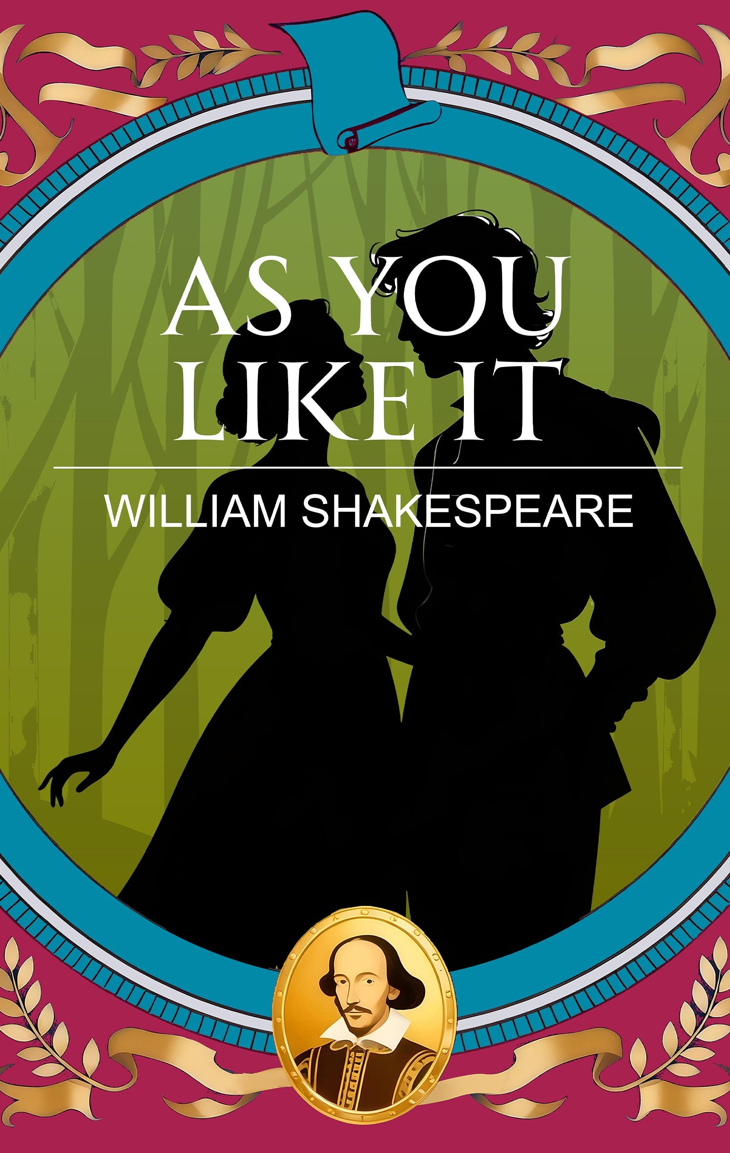 Book cover of 'As You Like It' by William Shakespeare with silhouettes of a man and woman against a green background.