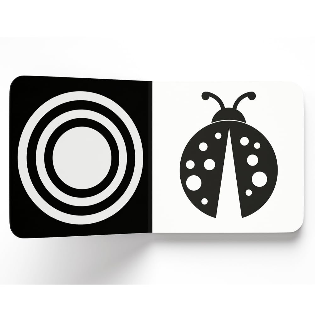 Two black and white icons on a white background: a circular pattern and a ladybug.