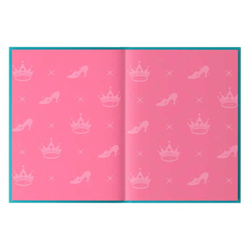 Open book with pink pages featuring white crowns and shoe patterns on a white background