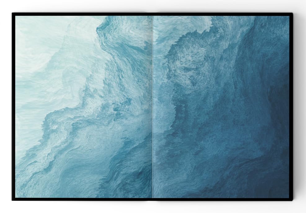 A framed abstract art print featuring a split design with flowing marbled textures in light blue and deep blue, enclosed in a thin black frame against a white background.