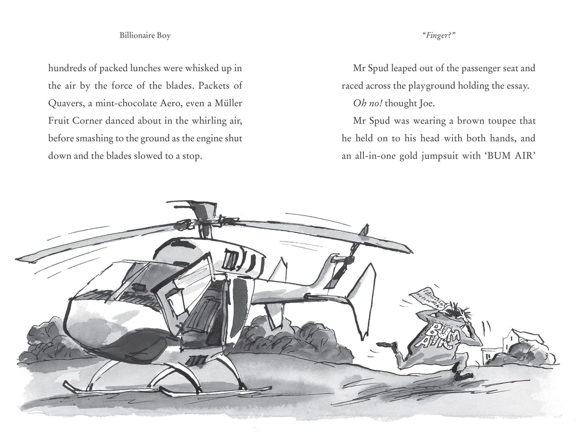 Illustration of a helicopter and a character with a newspaper, from a book or comic.