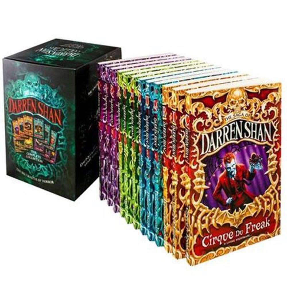 The Card of the Monster: Darren Shan deck box and a fan of multiple illustrated monster decks on a plain white background.