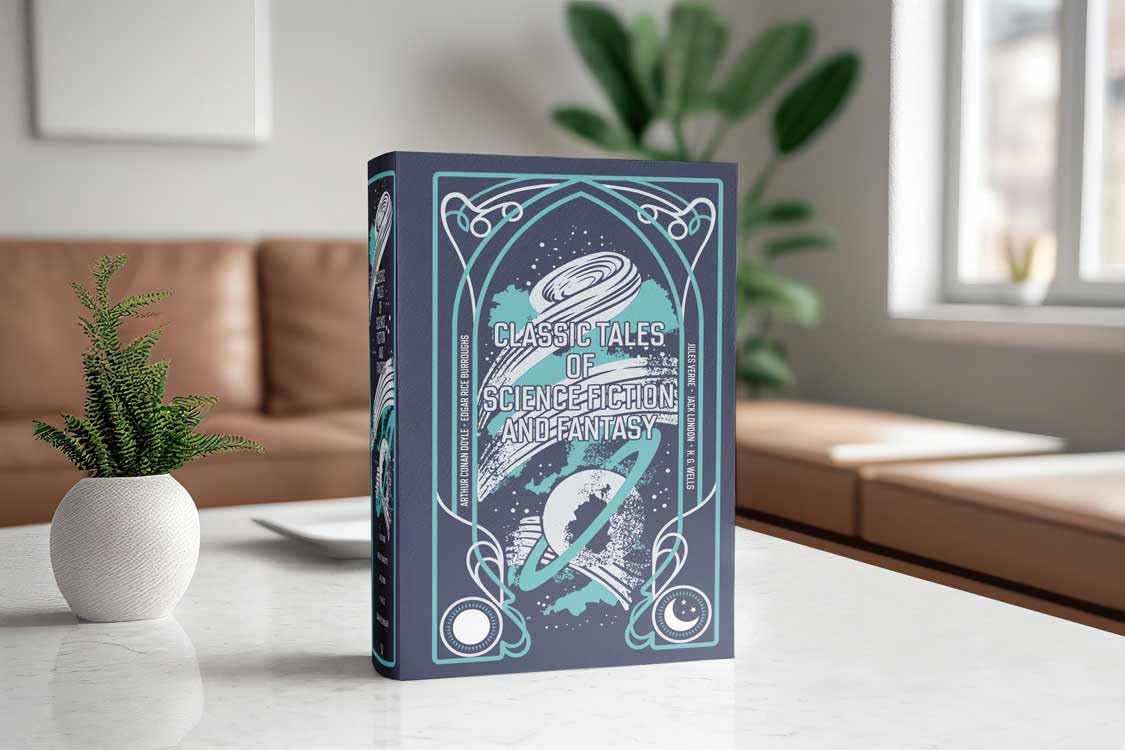 Book titled 'Classic Tales of Science Fiction and Fantasy' on a table with a plant and blurred background