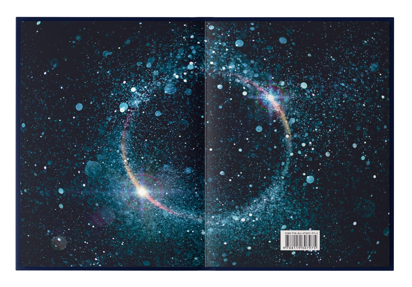 Book cover with a galaxy design and a barcode on a dark background