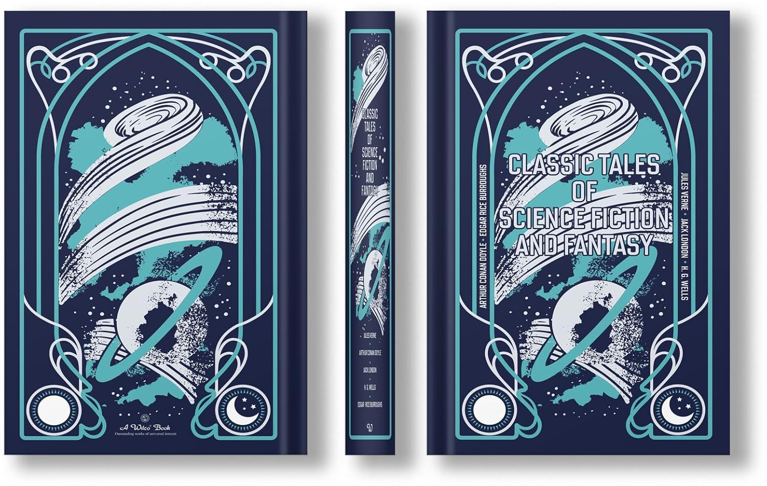 Book with decorative cover design featuring celestial elements on a white background