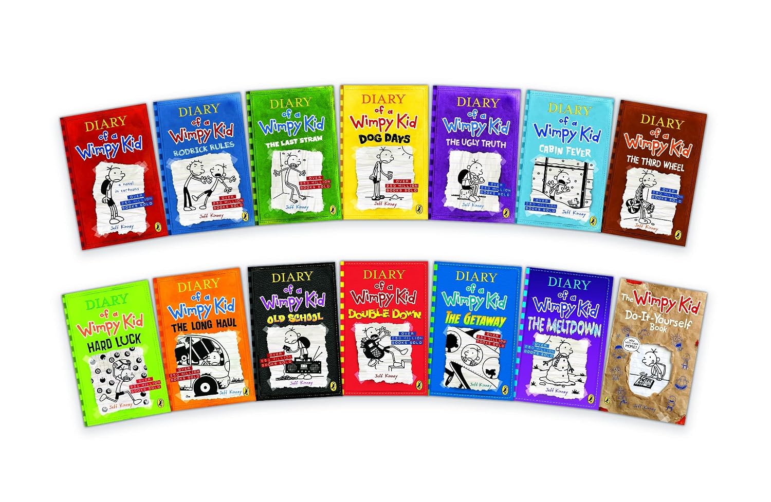 Row of 'Diary of a Wimpy Kid' books on a white background