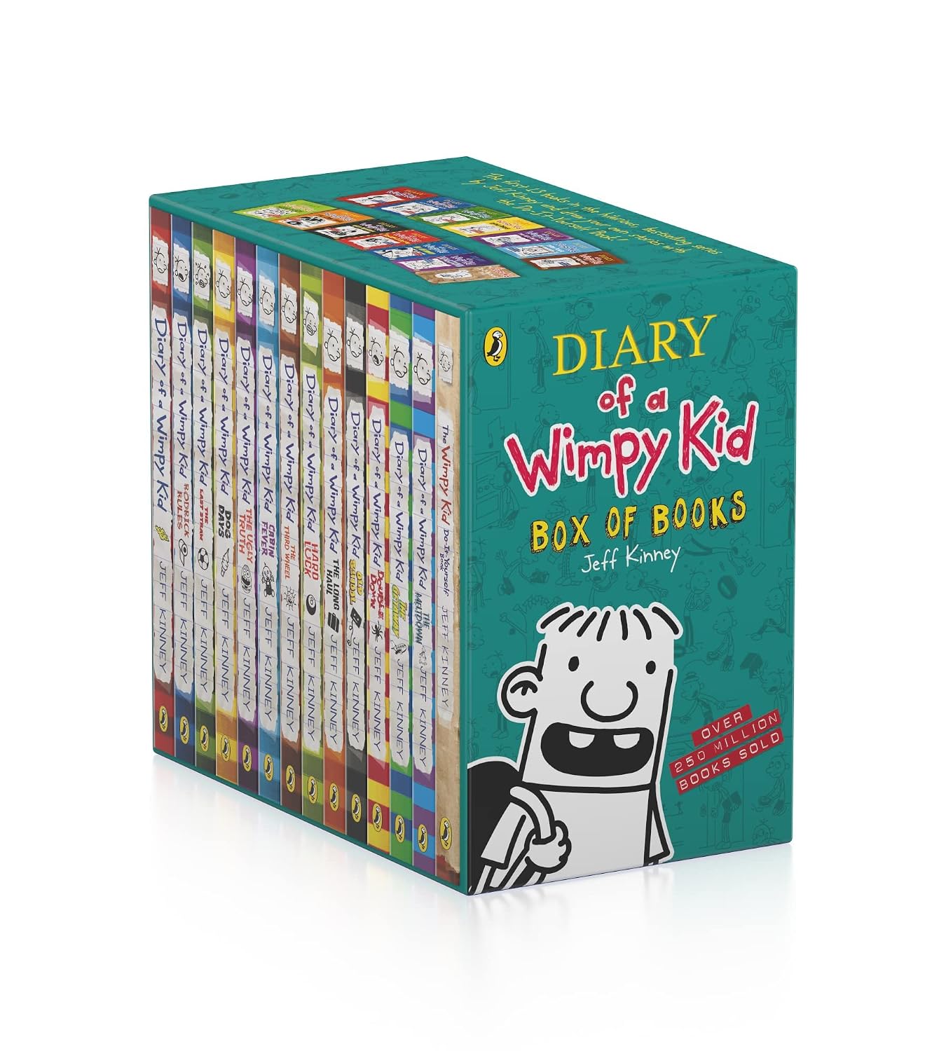 Box set of 'Diary of a Wimpy Kid' books with colorful cover and character illustration.