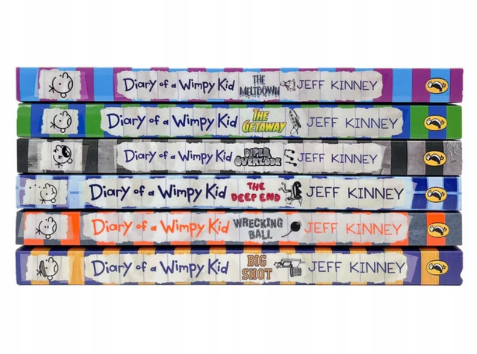 Stack of 'Diary of a Wimpy Kid' books by Jeff Kinney on a white background