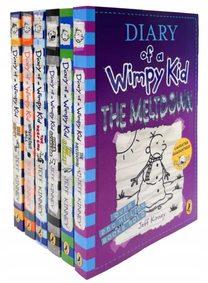 Set of 'Diary of a Wimpy Kid' books with colorful spines on a white background