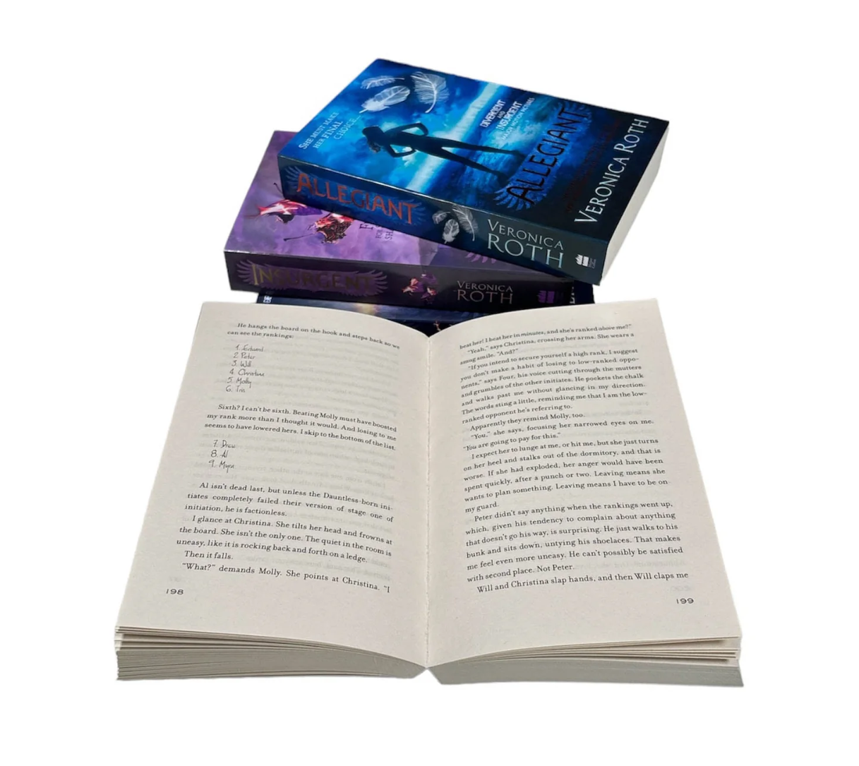 The book 'The Silent Patient' by Veronica Roth is displayed with its illustrated dust jacket, an open spread of the printed book showing the interior chapters, and a tablet displaying the book cover. The background is solid white.